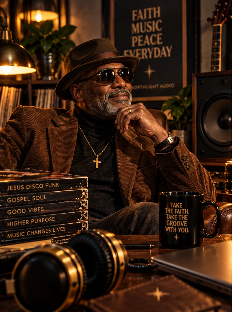 A thoughtful listener surrounded by records and warm studio equipment
