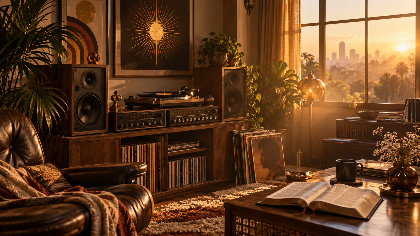 Warm listening room with a turntable, speakers and golden evening light