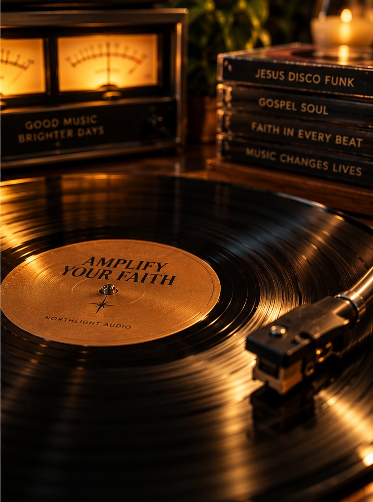 Amplify Your Faith vinyl record beside warm analog audio equipment